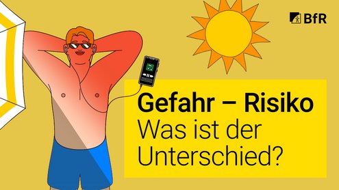 Illustration eines Mannes, des sich sonnt und sich einen Sonnenbrand geholt hat. UNten rechts ist eine gelbe textbox mit dem Videotitel.