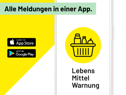 Abb. zeigt die Logos des Apple und Google Playt Stores sowie die Abb. des lebensmittelwarnung.de-Logos. Titel: Alle Medlungen in einer App.